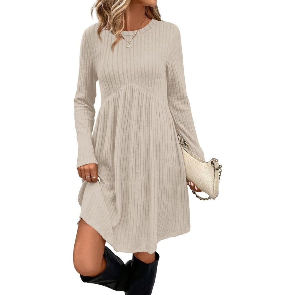 Ofeefan Women Apricot Crew Neck Long Sleeve Empire Waist Dress with Pockets